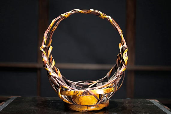 アンティーク竹編み籠　大型　花籠　在銘　美品 ヴィンテージの日本製竹編み籠「花籠」（H18.5x15.4インチ/H47cm×39cm