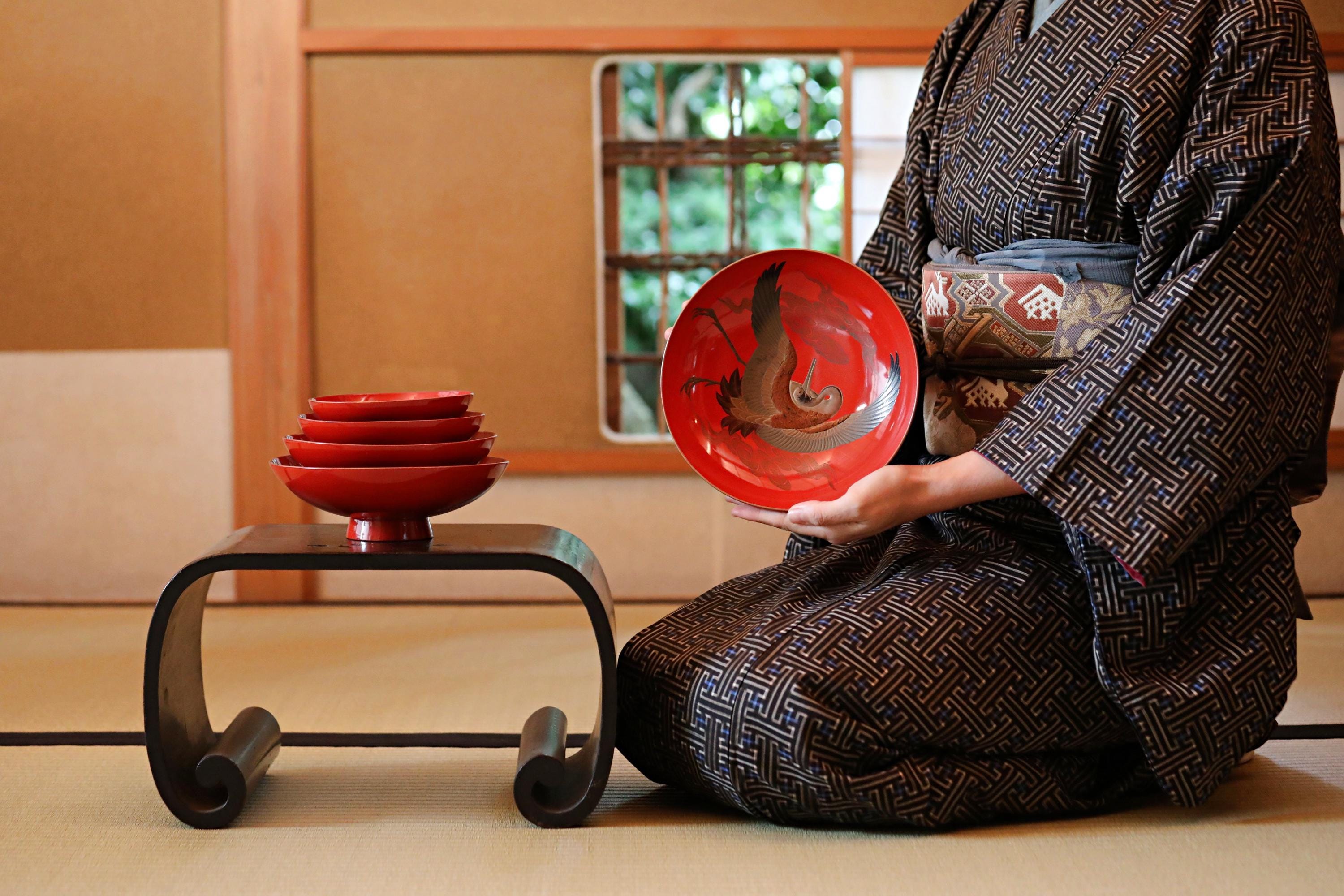Lacquer Urushi- Antique Japanese Red Gold Sake Cups, Crane Design