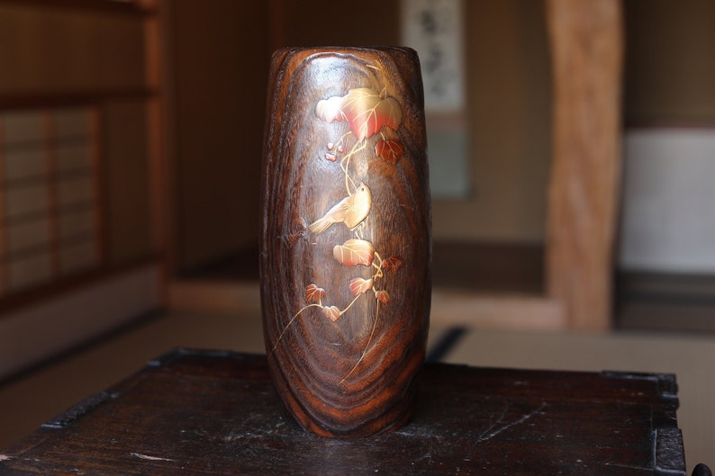 Japanese antique Makie flower vase wood with gold little bird an Japanese antique Makie flower vase wood with gold little bird an