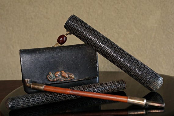 Pipe- Antique Sterling Silver Japanese Smoking Set, Birds & Stone