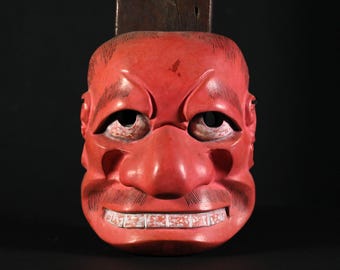 FACT × Deviluse 能面 赤色 2015年製 日本のアンティーク能面 赤鬼 武悪武悪 木彫り 狂言 仏像 絹袋付き