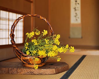竹かご - 大型ヴィンテージ 生け花編み 花かご (H18.5x15.4 in/H47cm