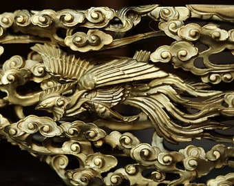Japanese Vintage Art Sculpture Handmade Wood Carving Gold