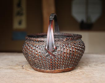 竹かご - 日本製ヴィンテージ編み込み、スモークステイン仕上げ