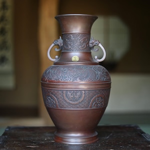 Japanese vintage 1950s bronze vase with relieves of dragons and phoenix, lions handle, Takaoka bronze,Kanji signature H15.4xW7.9in/H39×20cm