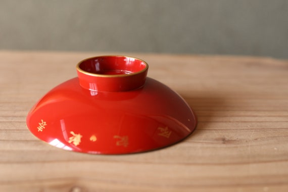 Lacquer Urushi- Red Sake Cup, Gold Sakura & Kanji, Antique