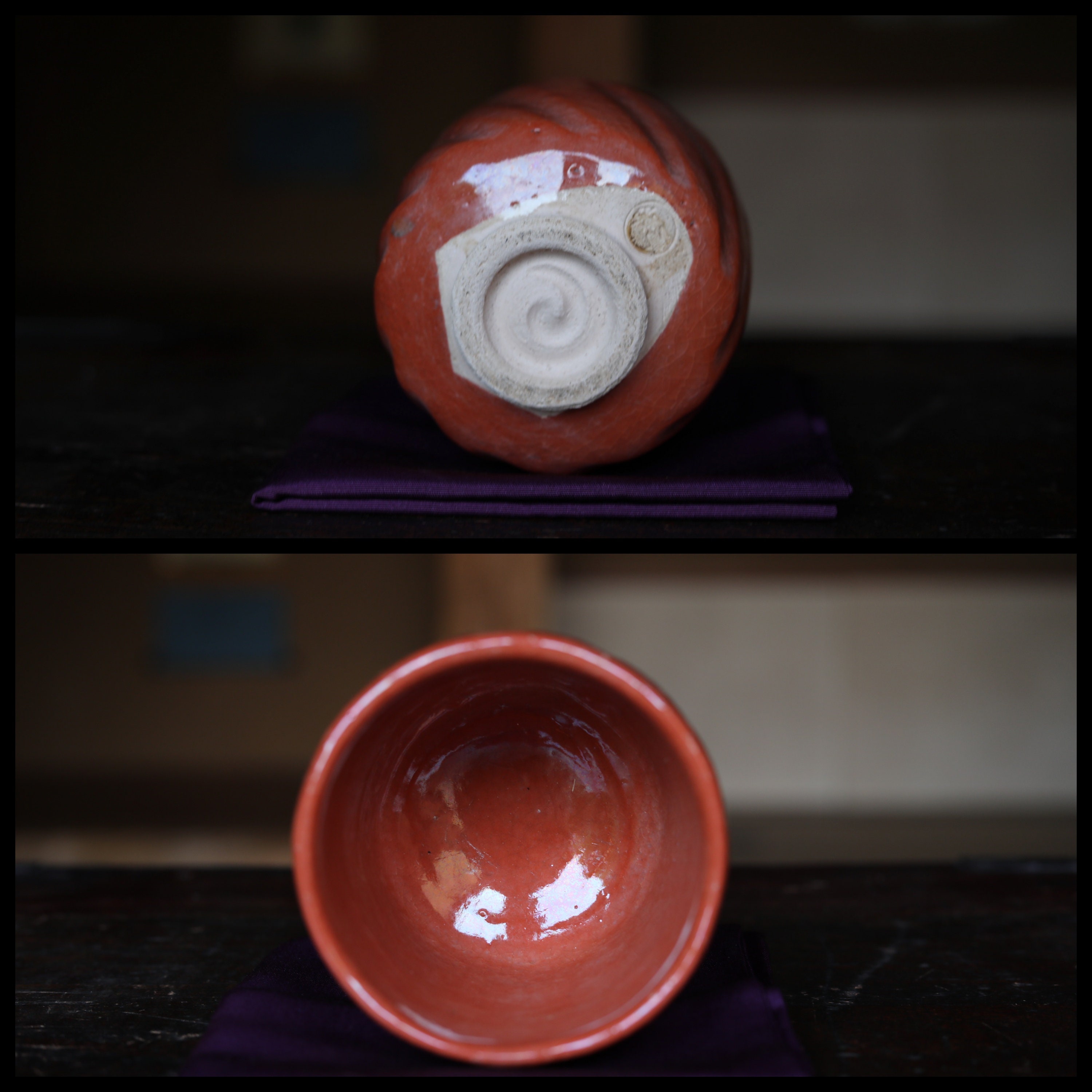 アンティークの赤楽抹茶碗：サイン入り日本製陶器茶道用茶碗、木箱入り