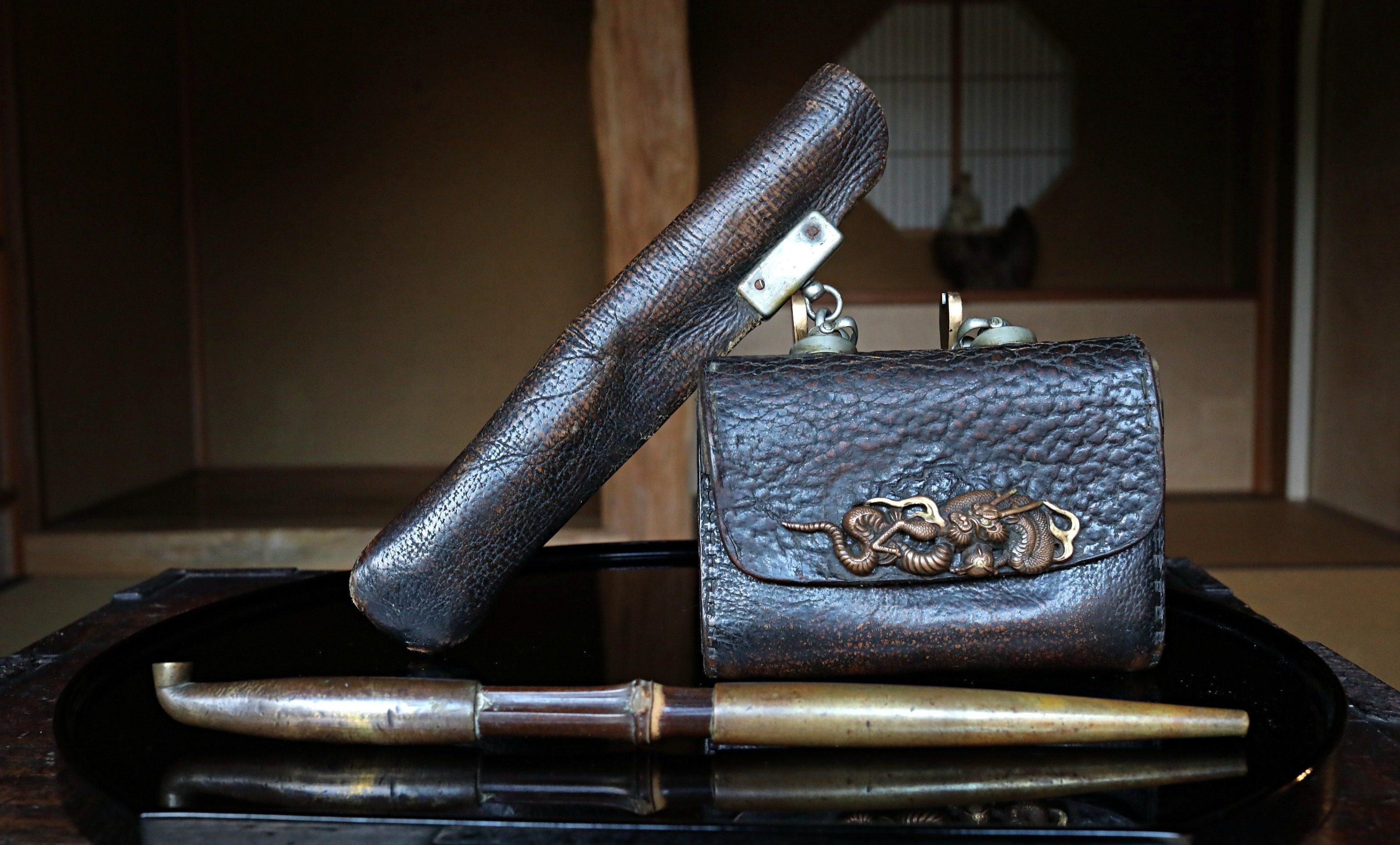 Pipe- Antique Edo Japanese Kiseru Smoking: Silver, Brass, Dragon