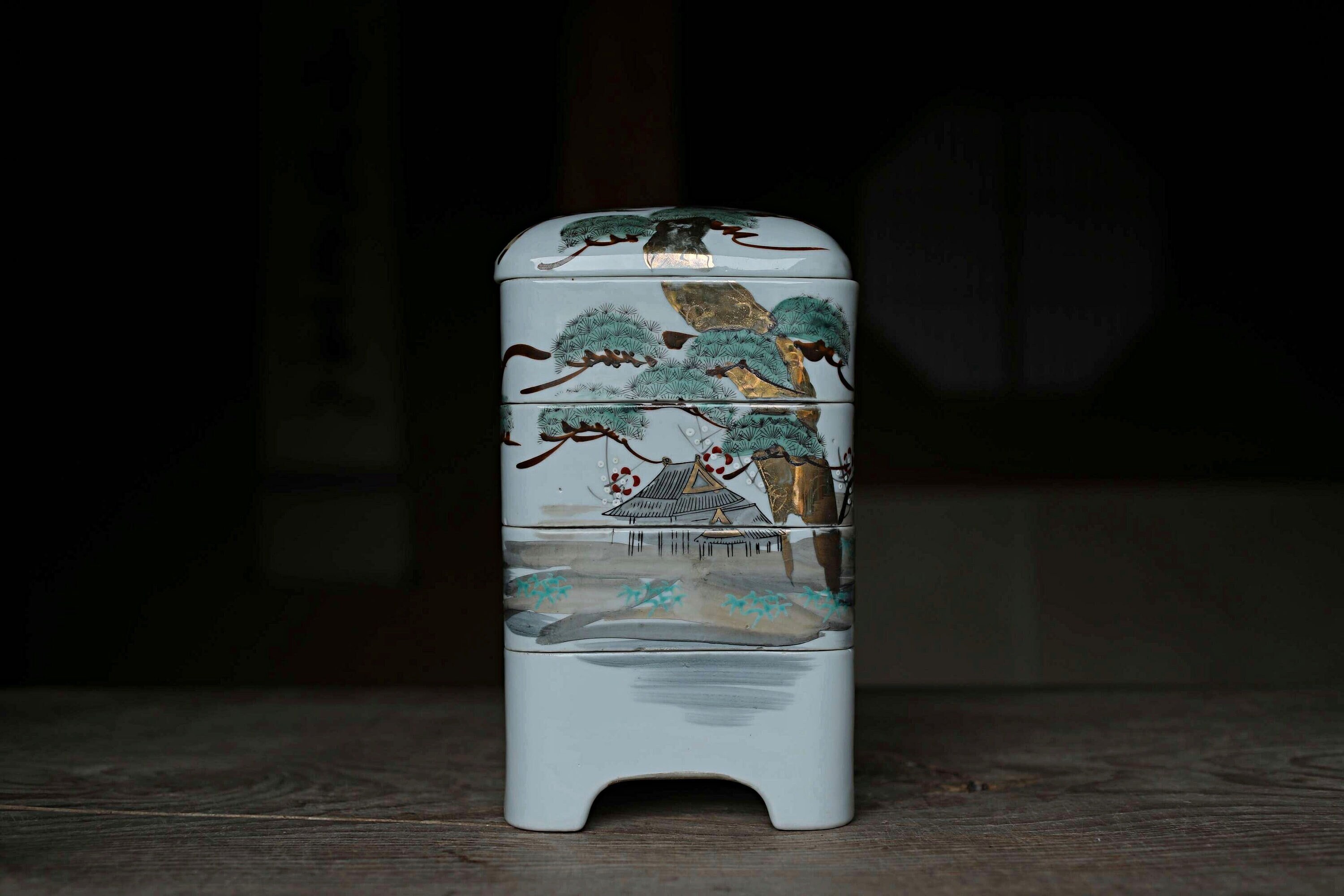 Japanese Vintage Porcelain Jūbako Black Pine Three