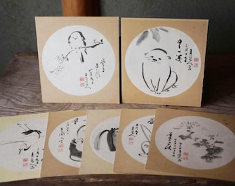 Conjunto de láminas de arte Shikishi japonesas vintage, con animales y flores pintados a mano.