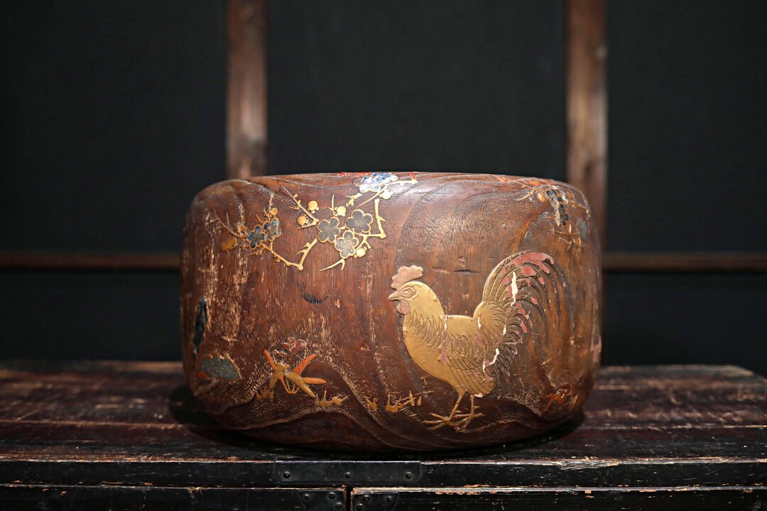 Antique Japanese Wood Hibachi Brazier: Makie Quail & Plum Design
