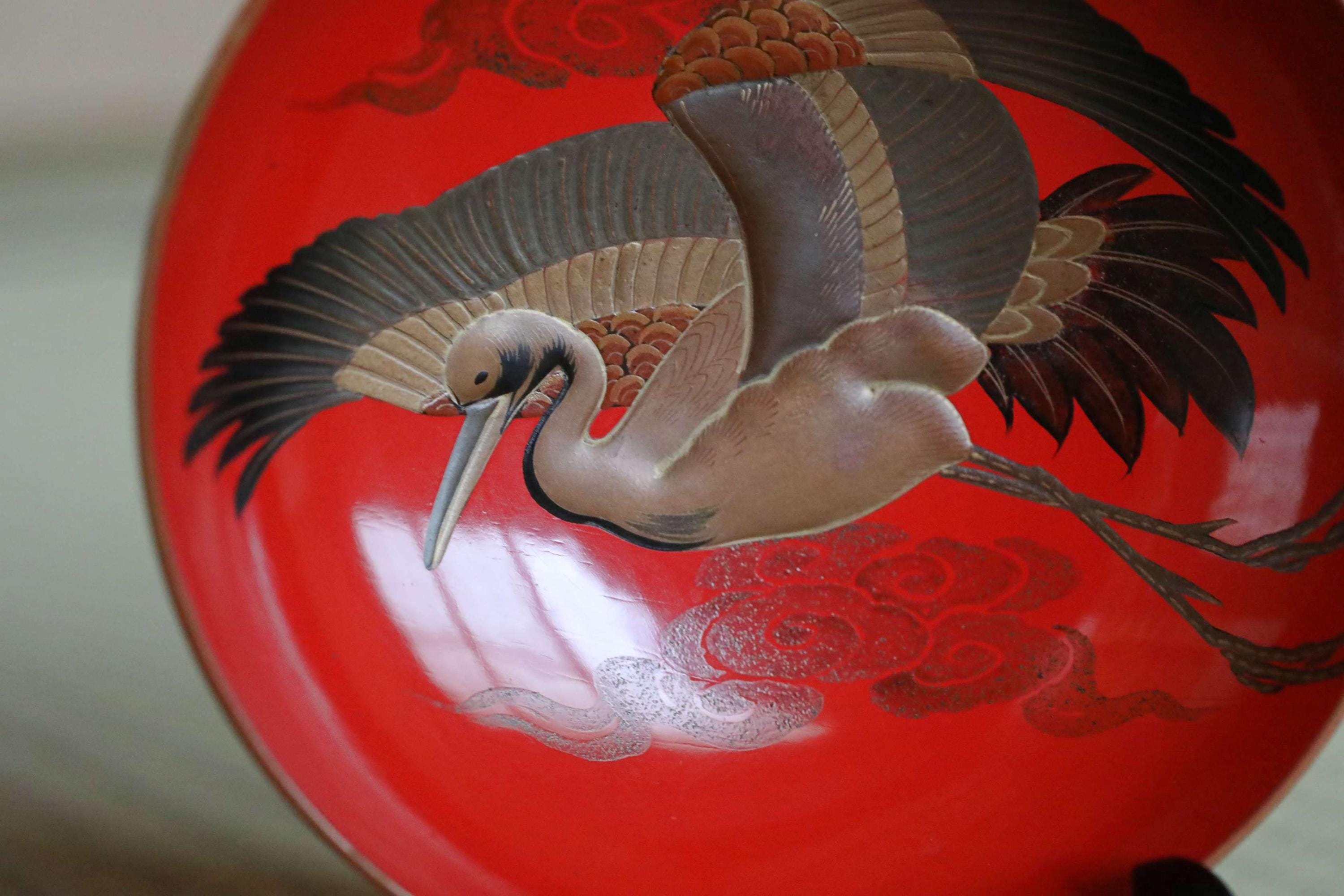 Antique Japanese Red Gold Lacquer Sake Cups, Crane Design, 1920s