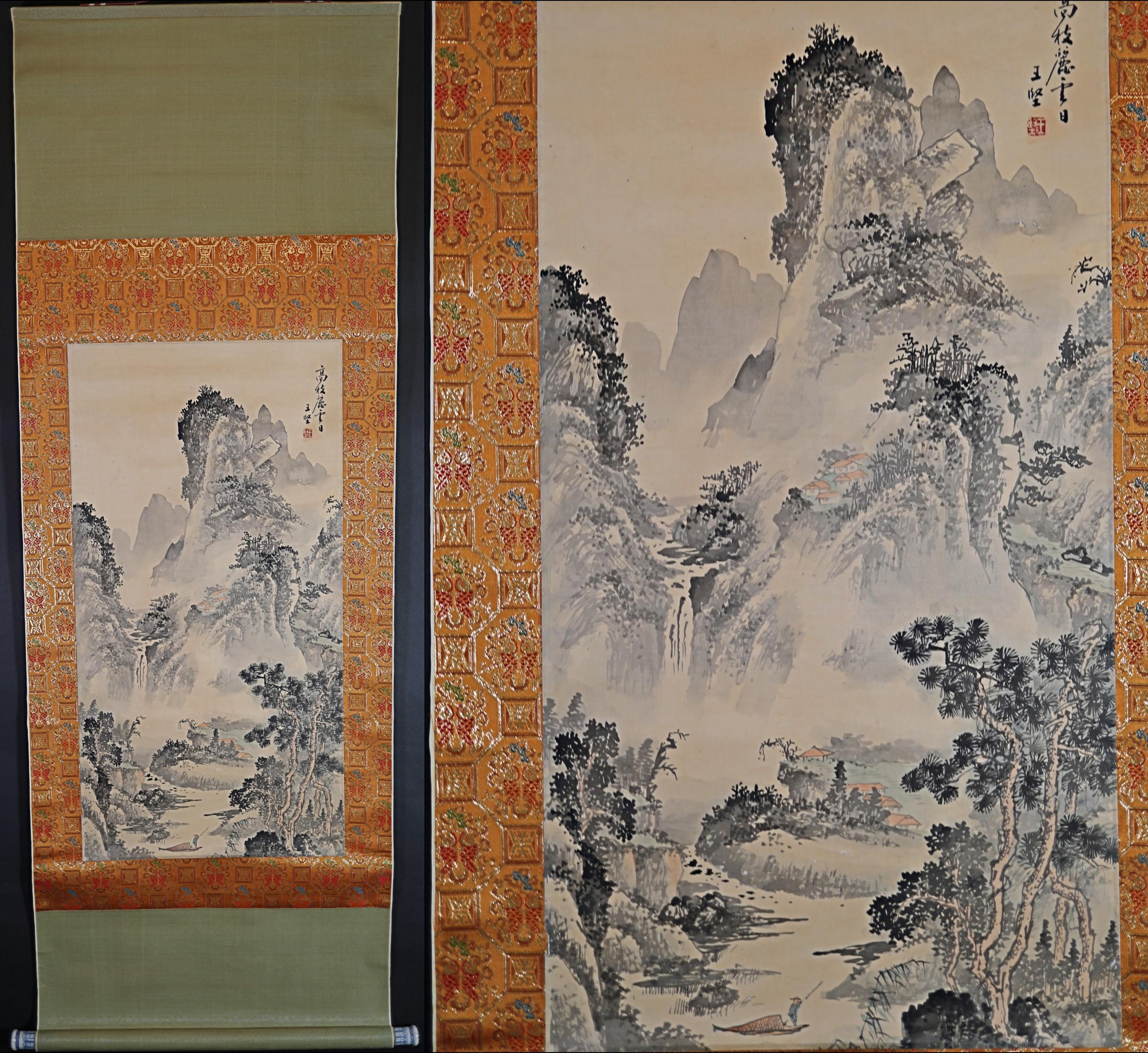 古い中国山水画掛軸 中国絵画 山水画掛軸 中国骨董【山水画名作】画面サイズ縦約84センチ横