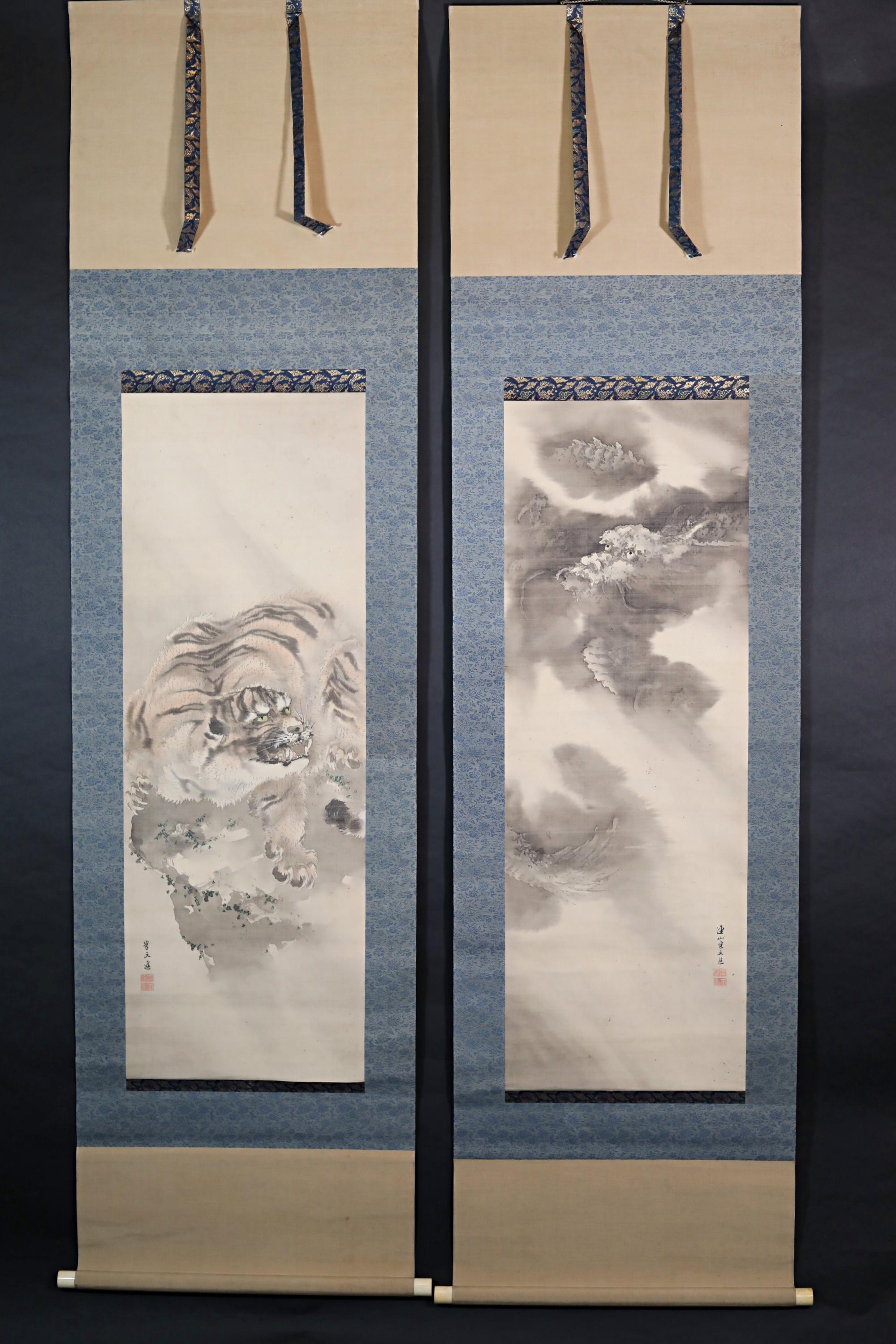 アンティークの日本の龍虎水墨画掛軸、有名な作家の署名入り、江戸時代