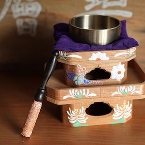 Japanese Bronze buddhist ORIN striker and cushion pedestal set chanting bell,Singing Bowl from Buddhist temple craft ×3.3in