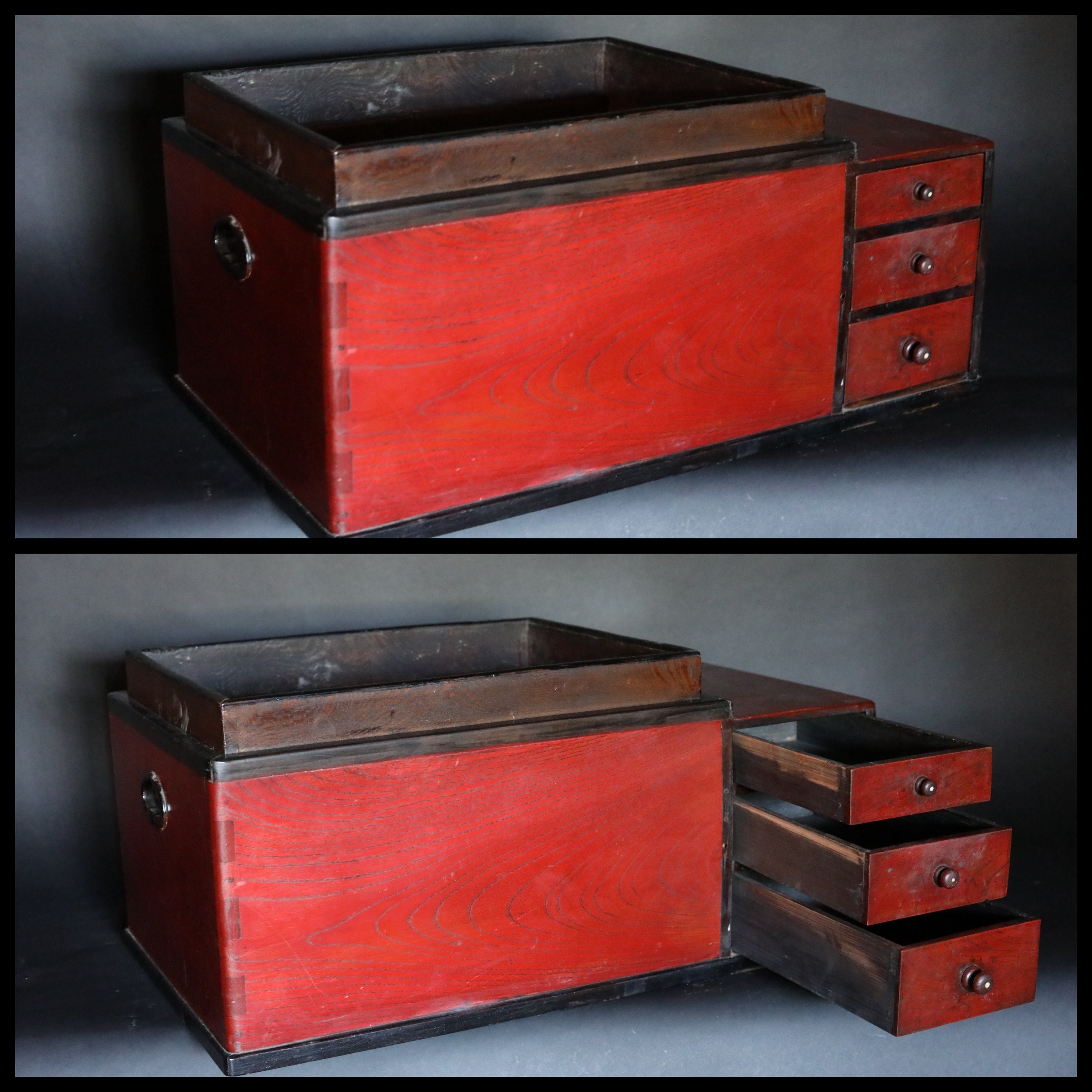 Antique Japanese Hibachi Brazier Furniture: Red Lacquer