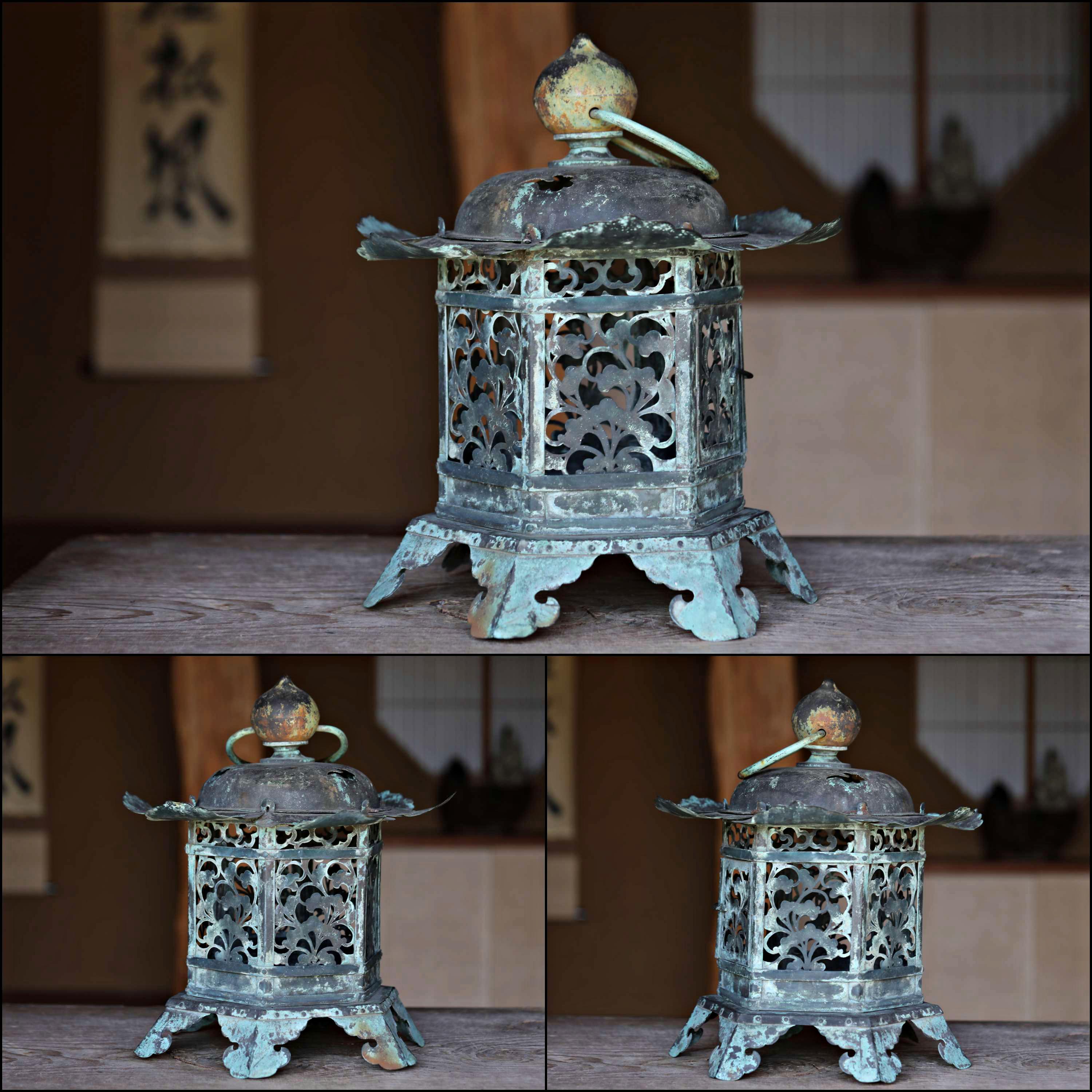 江戸時代 透かし彫り ブロンズ製 吊り灯籠（大） 仏壇用 吊灯籠（高さ