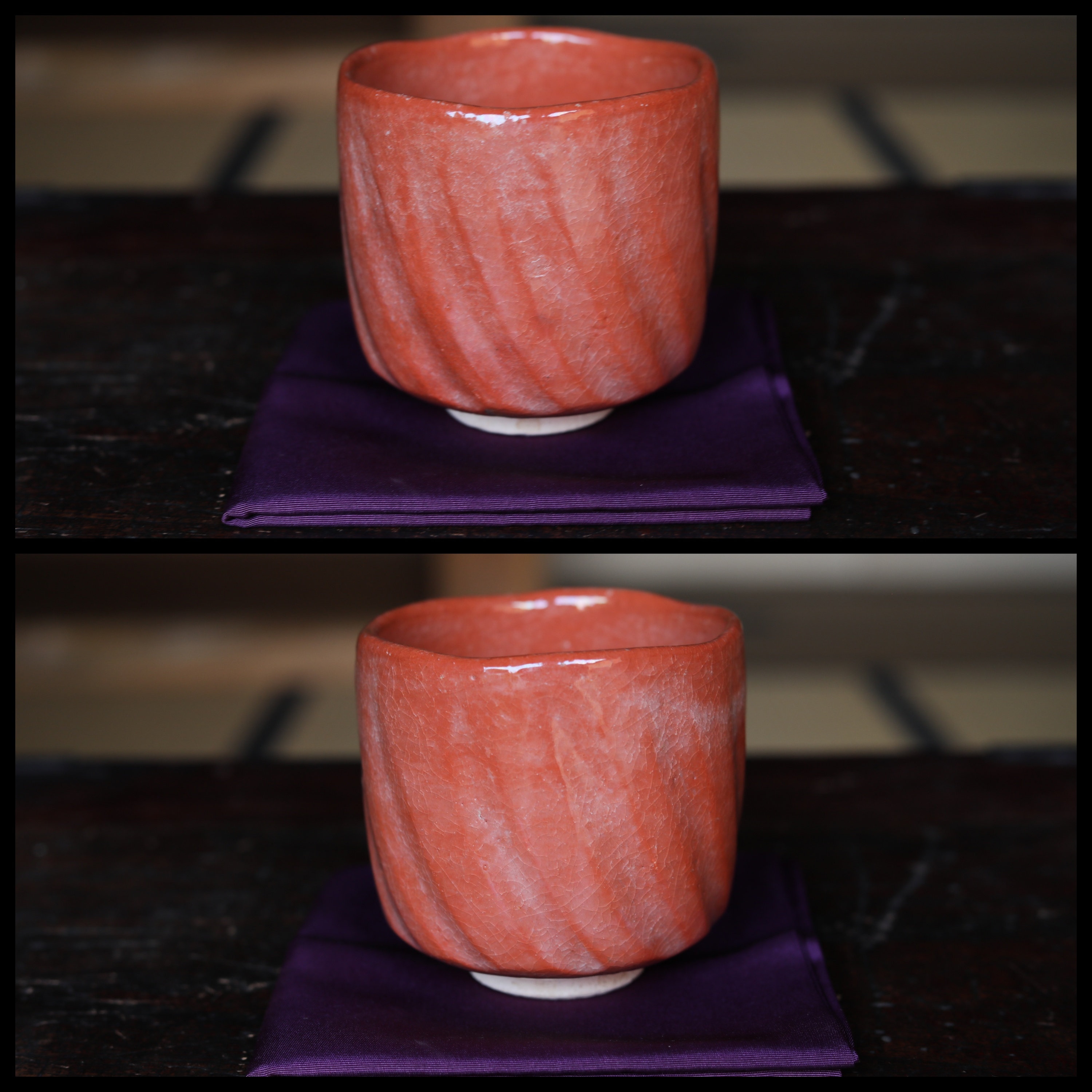 赤い絵柄　茶碗 抹茶　茶器　アンティーク アンティークの赤楽抹茶碗：サイン入り日本製陶器茶道用茶碗、木箱入り