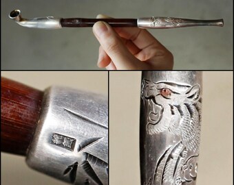 アンティーク スターリングシルバー キセル タバコパイプ：彫刻された