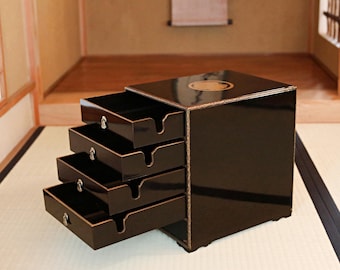 Tansu Chest- Rare Antique Black Lacquer : Gold Makie Samurai Crest (H13.4×10.2×12.6in)