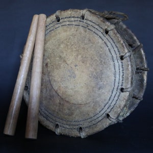 Japanese antique Music Drum with stick, drumsticks set Edo craft 1800s musical instrument H13.8×6.5in/H35×16.5cm available