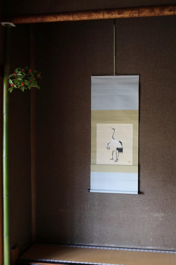 掛け軸 - 日本の鶴夫婦、ヴィンテージ掛け軸、掛軸家具（高さ49.2 