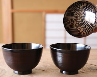 アンティーク漆塗り椀、江戸黒金松文様、2個セット - Etsy 日本