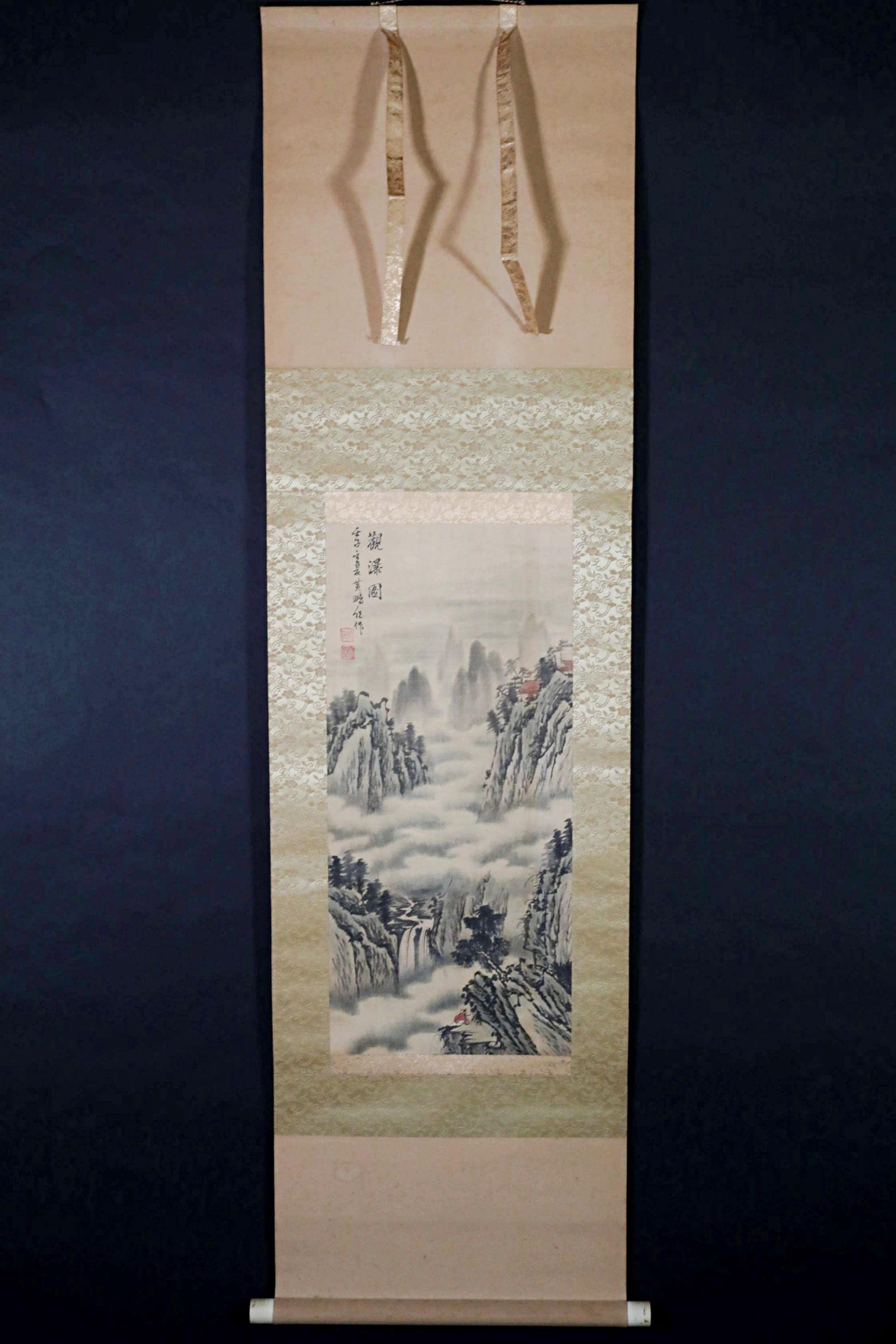 掛け軸 - ヴィンテージ 日本の墨絵 風景画 山の景色 掛軸 サイン入り