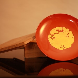 Red Makie lacquer wooden sake cup with gold a picture of peony, Japanese Antique wooden &quot;sakazuki&quot; with wooden box 0.8×4.3in