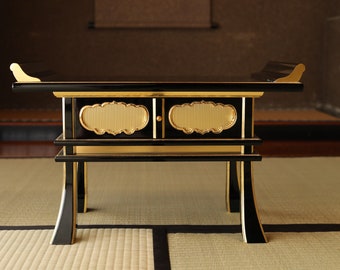 Japanese vintage lacquer pedestal, Buddhist table temple table, Buddhist Wood Stand, furniture, black Sutra desk H13.8×W21.7in/H35×W55cm