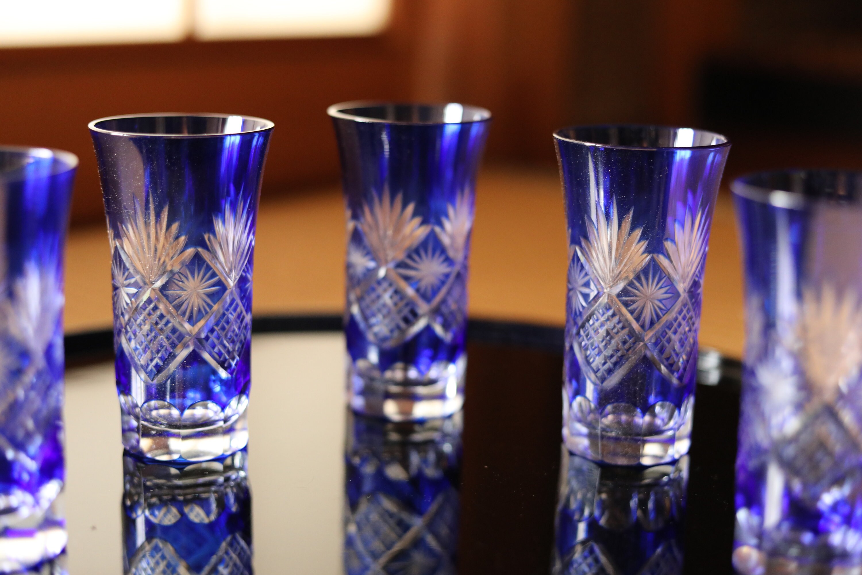 Japanese EDO KIRIKO sake glass blue set of five Tumbler Sake Etsy