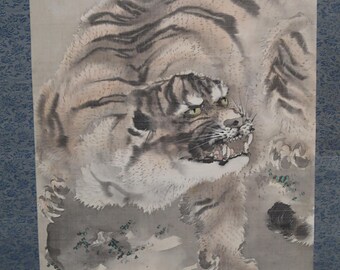 アンティークの日本の龍虎水墨画掛軸、有名な作家の署名入り、江戸時代