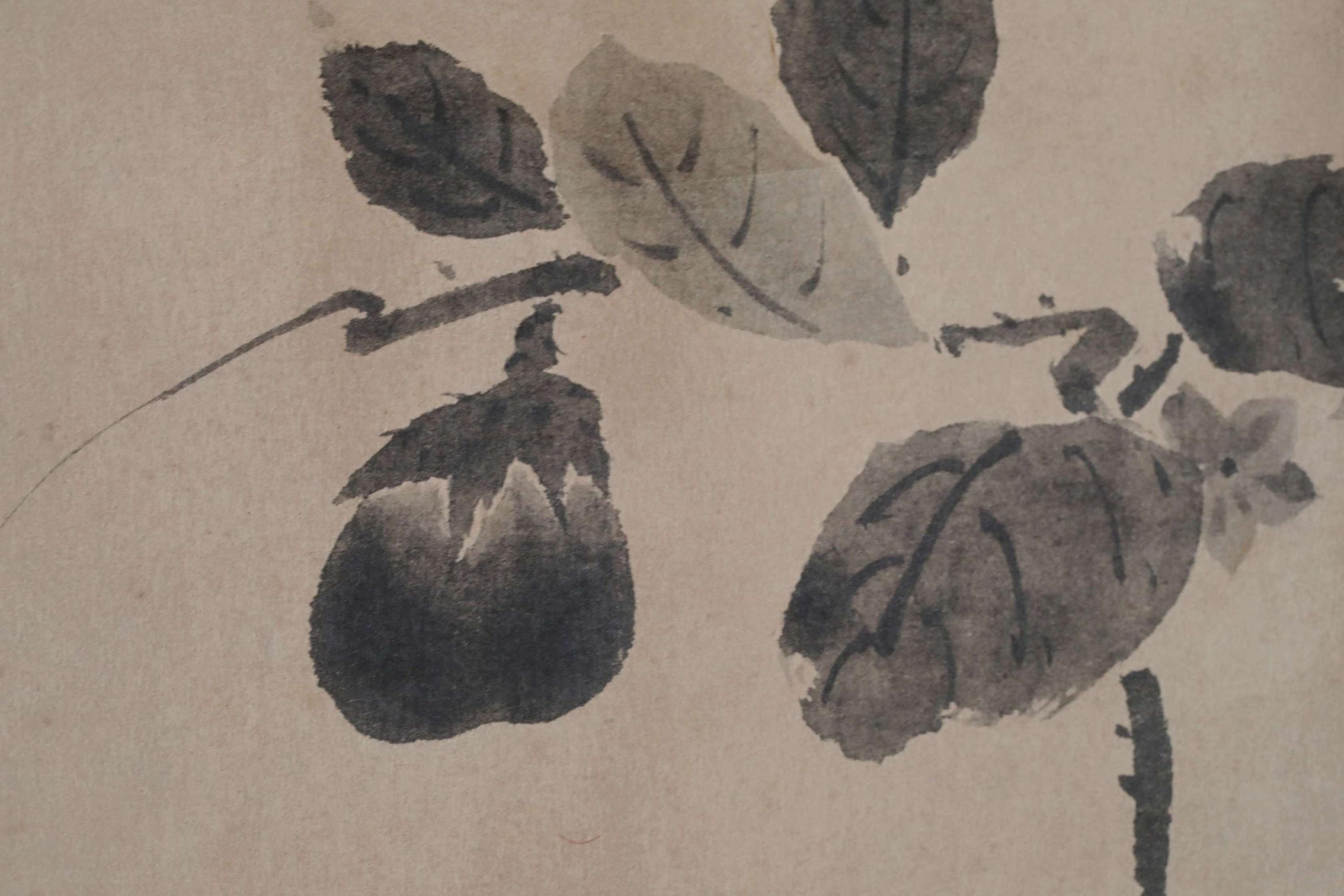 巻物絵画 - 日本のナス墨絵掛け軸、仏教僧侶のサイン、茶室の装飾