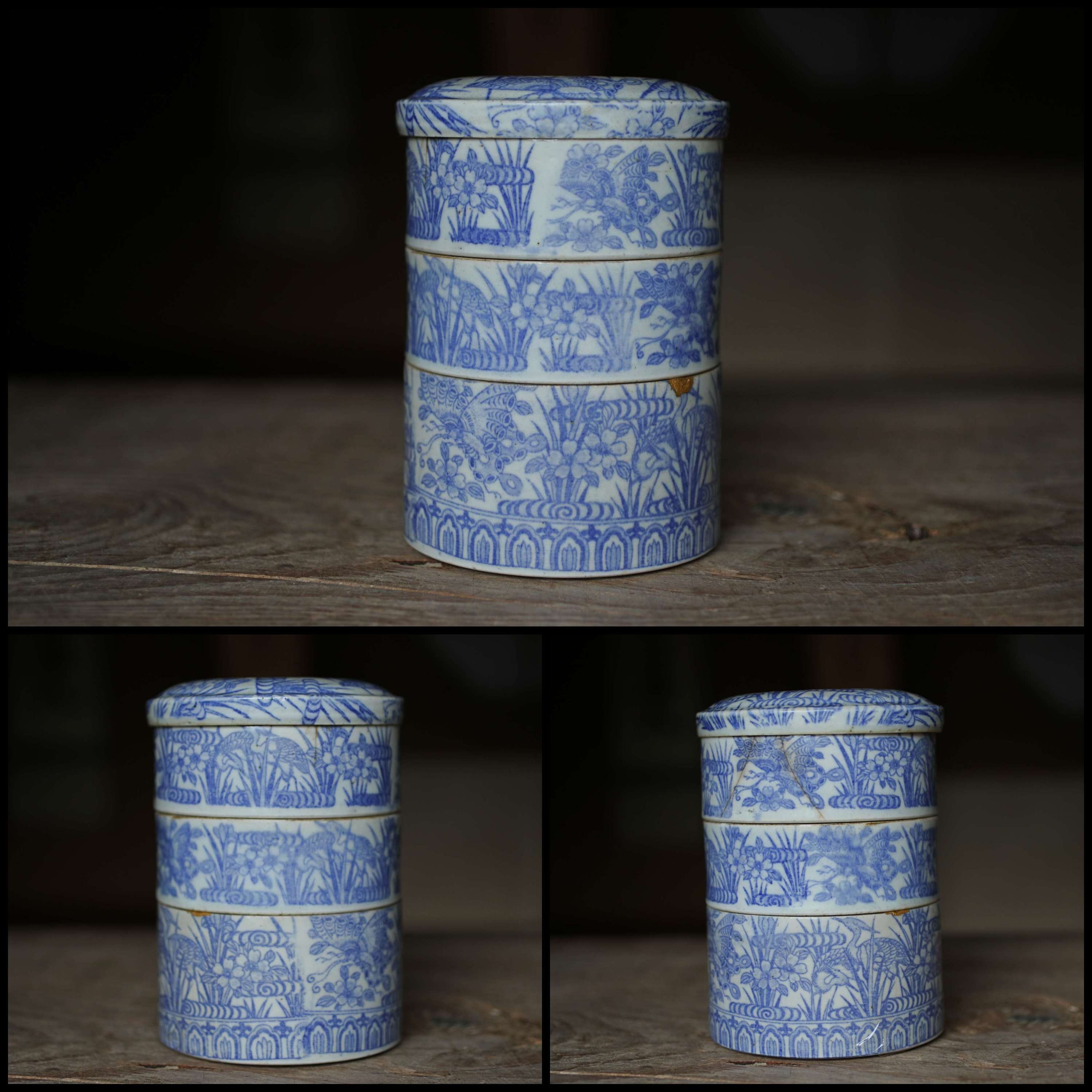 Japanese Antique 1900s Imari Porcelain Kintsugi Jūbako Blue