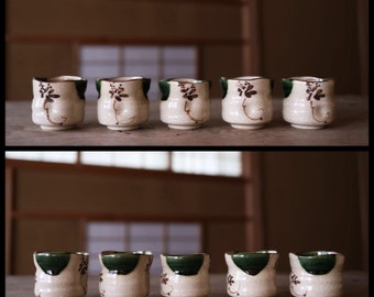 煎茶道具揃　織部 sencha tea set Oribe-yaki Japanese Set of Antique Oribe yaki Pottery Senchawan or Tea