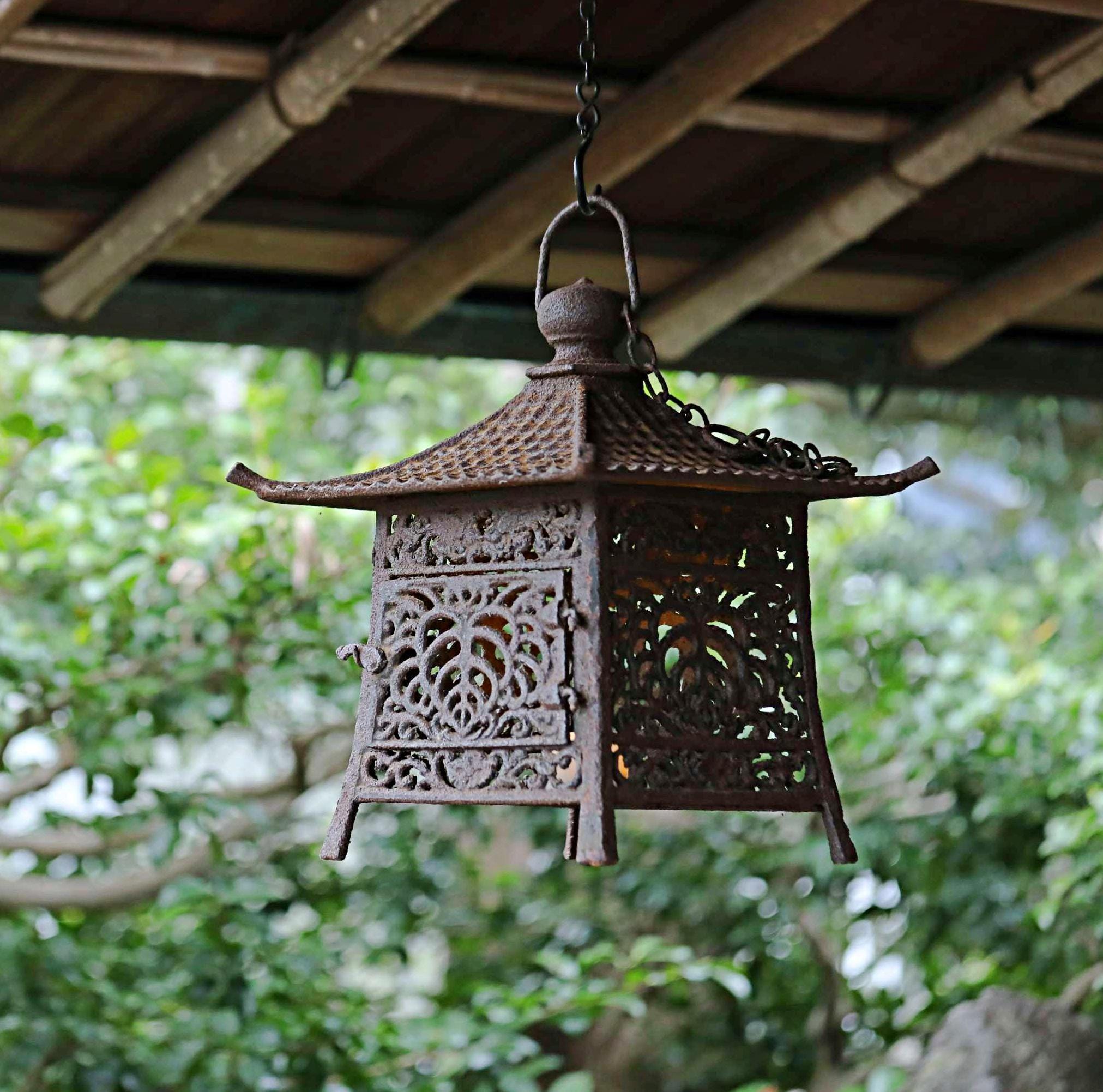 Japanese Vintage Cast Iron Hanging Lantern, Tsuridoro Arabesque