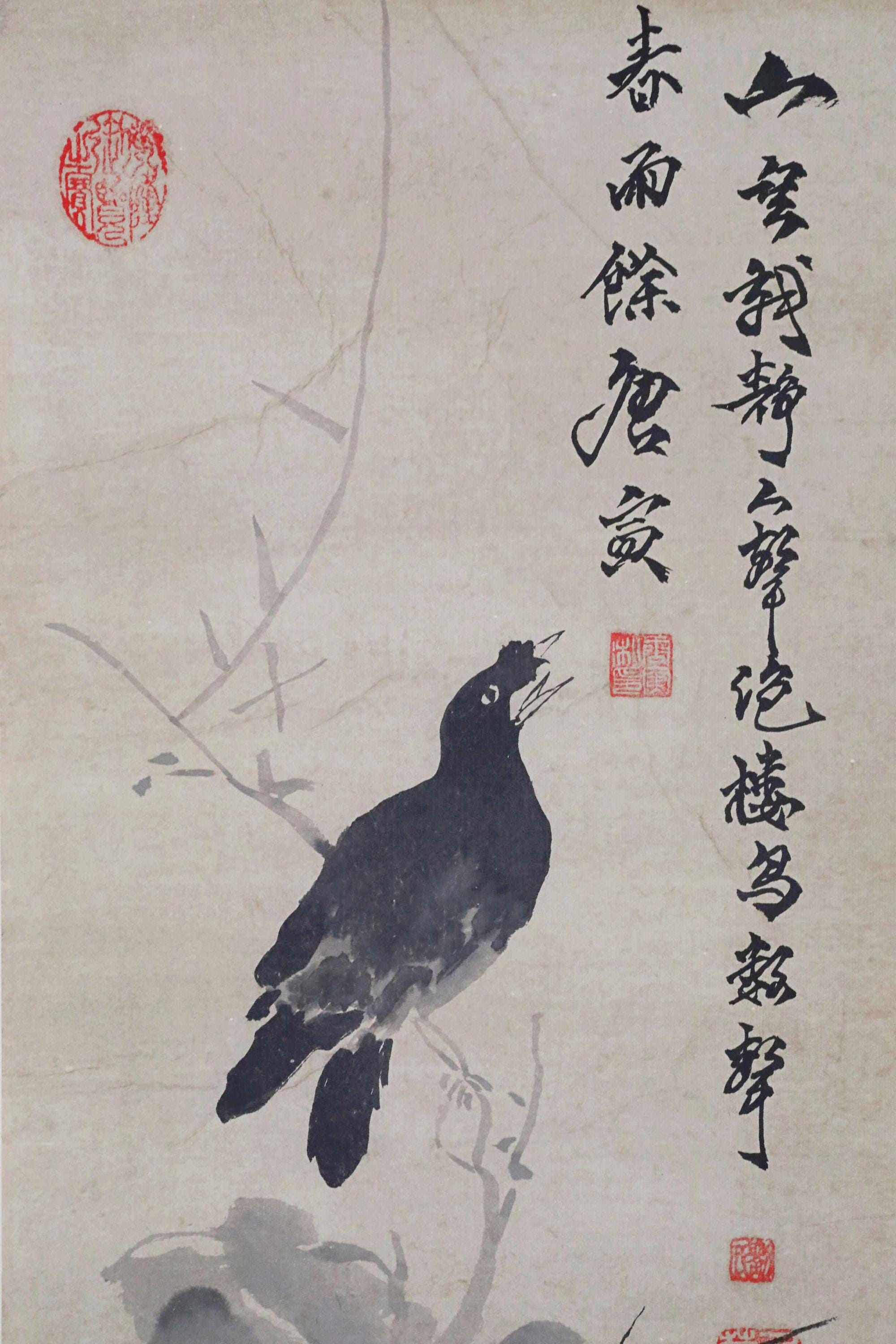 掛け軸 - アンティーク 和風 カラス 墨絵 掛軸 (70.5 インチ/179 cm