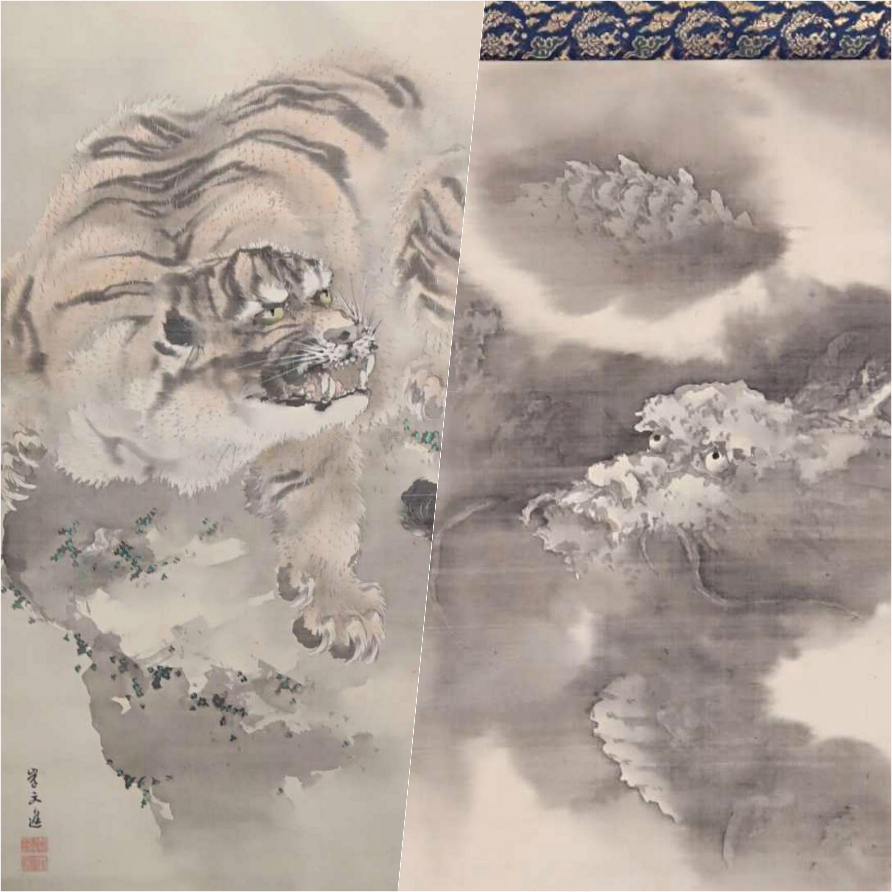 アンティークの日本の龍虎水墨画掛軸、有名な作家の署名入り、江戸時代