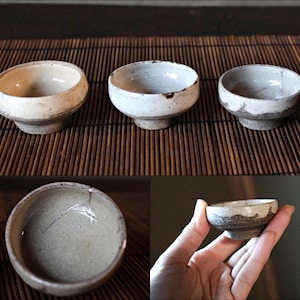 Japanese antique set of 3 small sake cup old KARATSU kintusgi silver repair &quot;sakazuki&quot; &quot;guinomi&quot; For gift 1700s H1.2×2.2in/H3×5.5cm