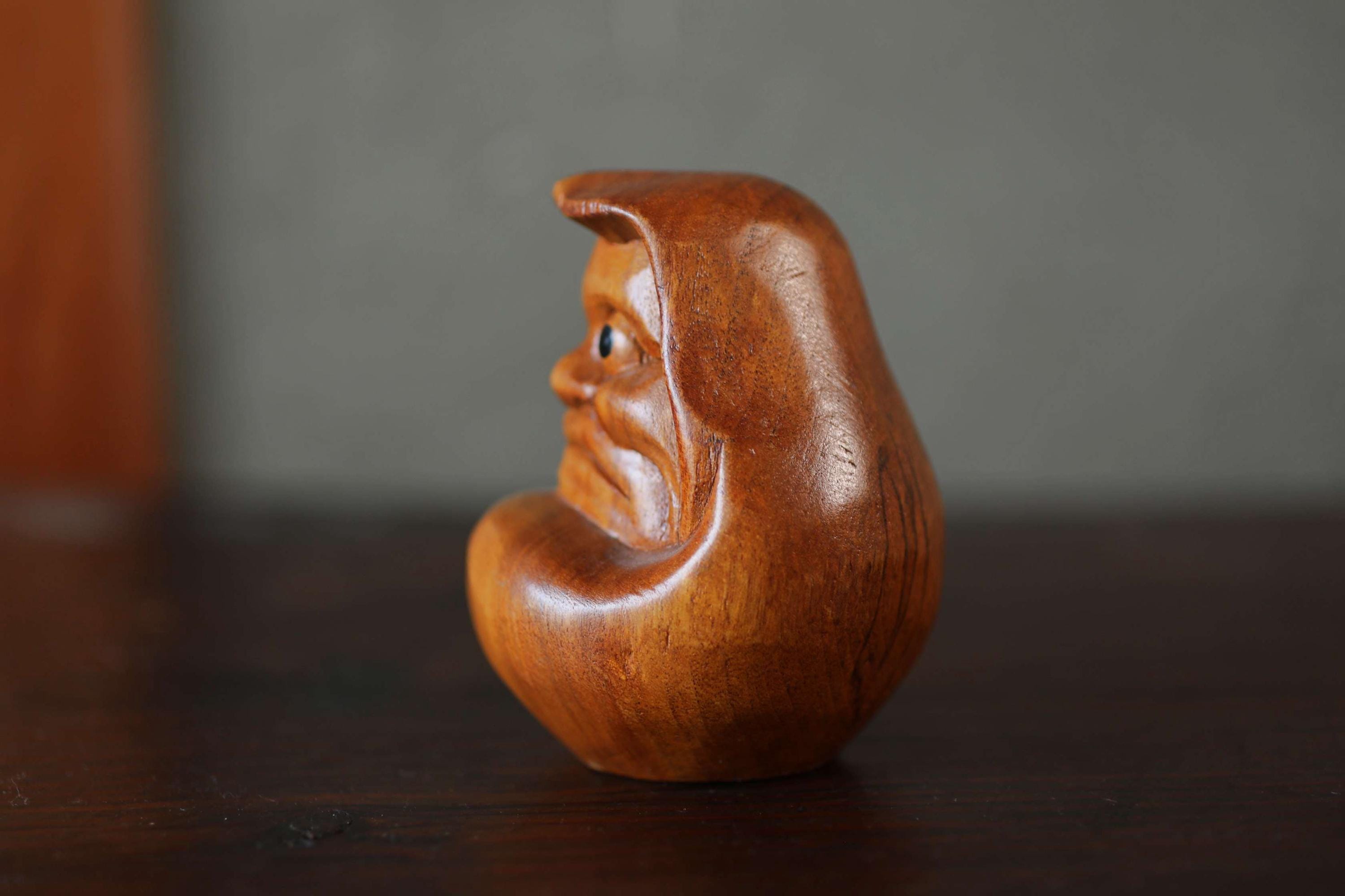 Daruma- Hand Carved Wood Doll, Vintage Japanese Figurine, 3.9in