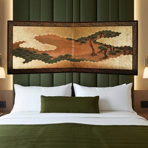 Antique Japanese Byobu Screen, Gold Clouds, Pine Tree Painting, Edo Period, Wall decor