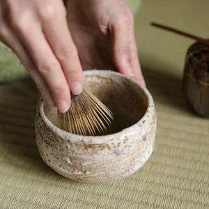 Japanese antique 1900s green tea bowl CHAWAN &quot;SHINO&quot;ware glazed screen handmade Matcha Cup Tea Ceremony with box signature W4.5in/W11.5cm