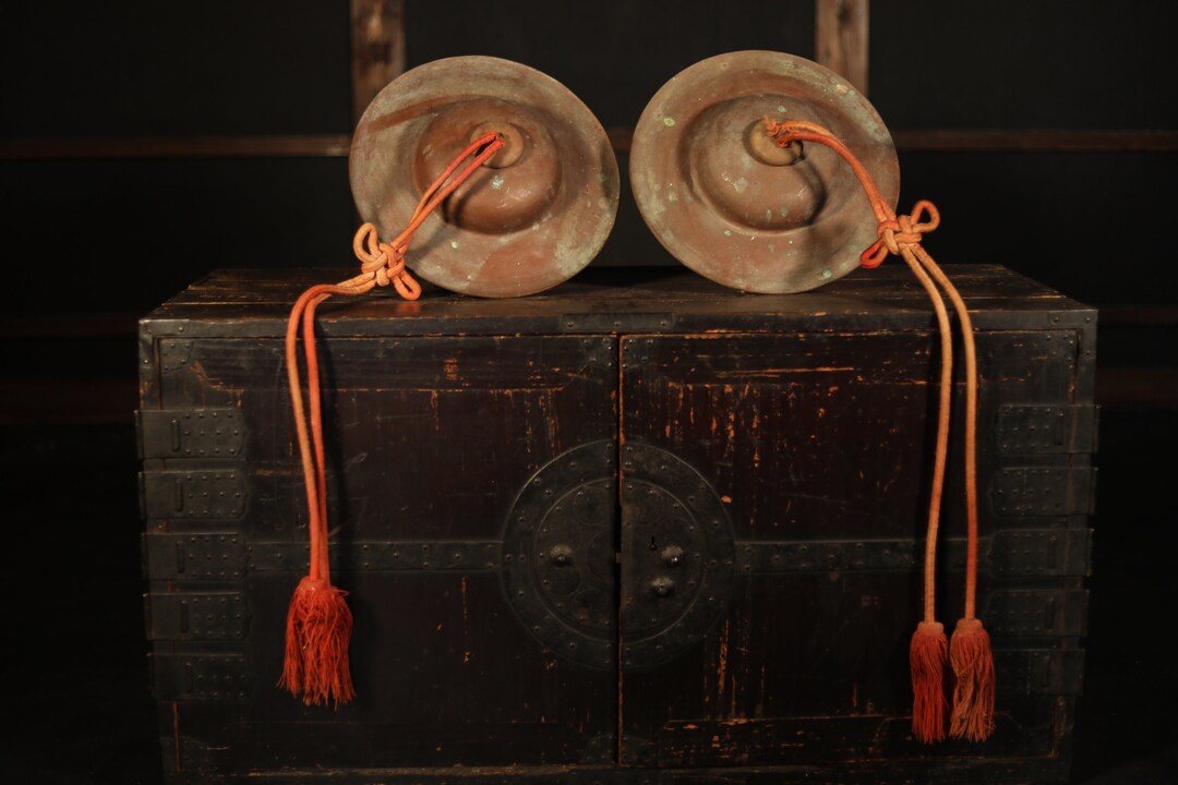 Japanese Antique Bronze Cymbals String and Tassel From Buddhist Temple
