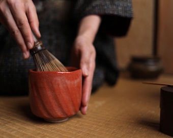 Antique Red Raku Matcha Bowl: Signed Japanese Pottery Tea Ceremony Chawan, Wood Box