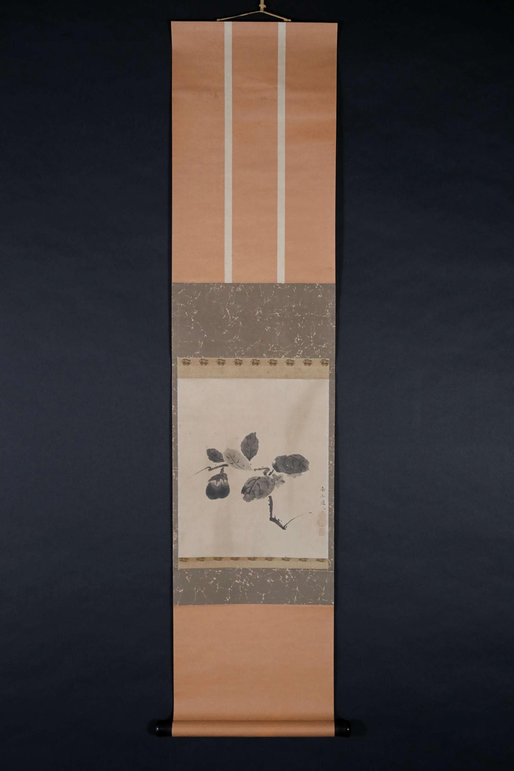 墨絵 掛軸 仏教僧 巻物絵画 - 日本のナス墨絵掛け軸、仏教僧侶のサイン、茶室の装飾