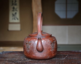 アンティークの日本製銅製やかん、手作りの茶道用ポット、1930年代（高