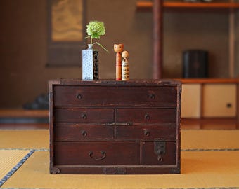 Japanese antique furniture wooden box Chest of Drawers &quot;TANSU&quot; cabinet 7 drawers Kanji signature 1800s Edo H17.9×W25×D14.8in