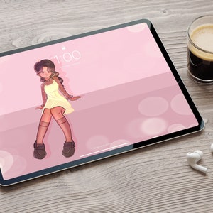 May include: A digital tablet displaying a pink background with a cartoon illustration of a person wearing a yellow dress. The time 1:00 is displayed on the screen.