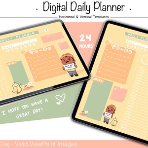 May include: Two digital daily planner templates displayed on iPad screens. The templates are yellow with green and pink accents. The left template is horizontal and the right template is vertical. Both templates feature a to-do list, notes section, and a 24-hour time tracker. The text "24 HOURS" is displayed on the right template. The text "I HOPE YOU HAVE A GREAT DAY!" is displayed on the left template.