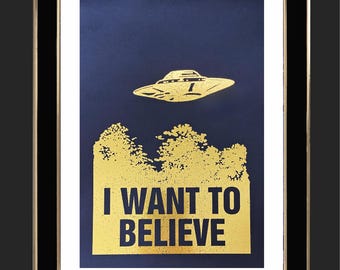 X Files Poster | I Want To Believe Supernatural UFO Print 90s TV Series Foiled Poster, Retro Home Decor